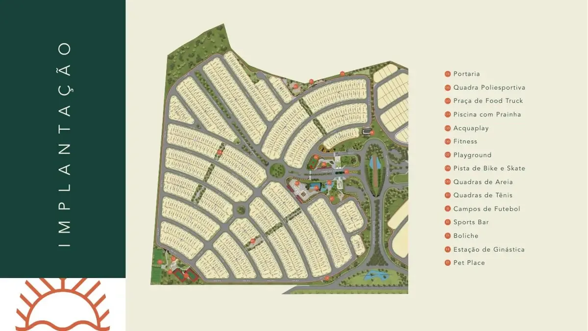 Mapa de lotes e implantação do Oasis Laguna com o clube no centro do condomínio